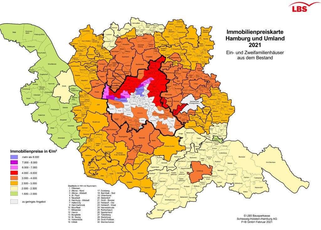 Immobilienpreiskarte LBS-Immobilienmarktatlas Hamburg und Umland 2021: Preise für Wohnimmobilien steigen trotz Pandemie weiter stark an